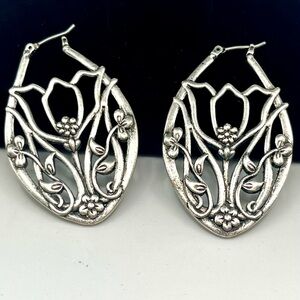 Sterling silver floral openwork hoop earrings heavy boho